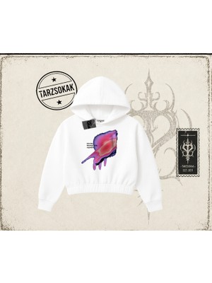 Tarzsokak Unisex Ungrateful Kadın Crop Kapşonlu Sweatshirt Beyaz