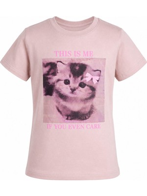Trender Kedi Baskılı Bej Kız Çocuk T-Shirt 8037