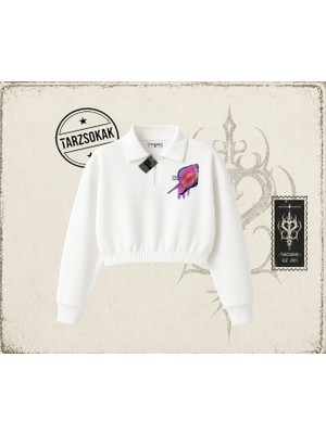 Tarzsokak Unisex Ungrateful Kadın Crop Polo Yaka Yarım Fermuarlı Sweatshirt Beyaz