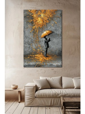 Şemsiyeli Adam Soyut Altın Sıçrama Baskılı Cam Tablo – Modern Sanat Uv Baskı