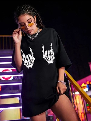 İlk El Grup Kadın Baskılı T-Shirt Kısa Kol Bisiklet Yaka Oversize Rahat Kalıp Tişört - Siyah