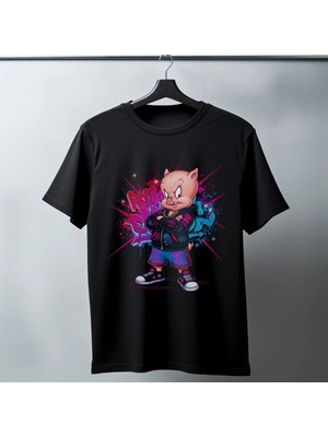 İlk El Grup Porky Pig Graffiti Baskılı Unisex Siyah Oversize Tişört - 24/1 Penye