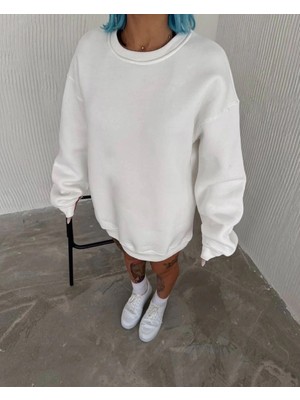 İlk El Grup Kadın Bisiklet Yaka 3 Iplik Pamuklu Basic Sweatshirt - Beyaz