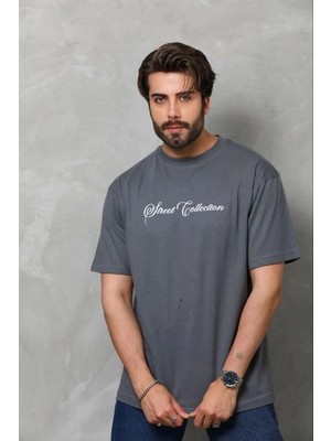 İlk El Grup Erkek Baskılı T-Shirt Kısa Kol Bisiklet Yaka Regular Fit Tişört - Füme