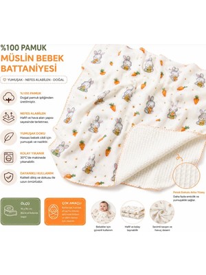 Ens Group Avm %100 Pamuk Müslin Bebek Battaniyesi Çift Katlı Waffle Dokulu Tavşan Desenli Çok Amaçlı Örtü