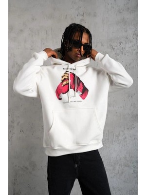İlk El Grup Erkek Kapüşonlu Cepli Boks Eldiven Baskılı 3 Iplik Sweatshirt Hoodie - Beyaz