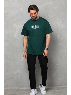 İlk El Grup Erkek Kısa Kol Yazlık Tişört Bisiklet Yaka Baskılı Oversize T-Shirt - Yeşil
