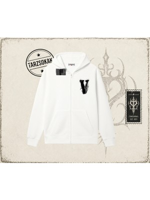 Tarzsokak Unisex Vlone Oversize Unisex Hırka & Çeket Fermuarlı Sweatshirt Beyaz