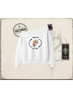 Tarzsokak Unisex Wake Up Act Silly Kadın Kayık Yaka Sweatshirt Beyaz