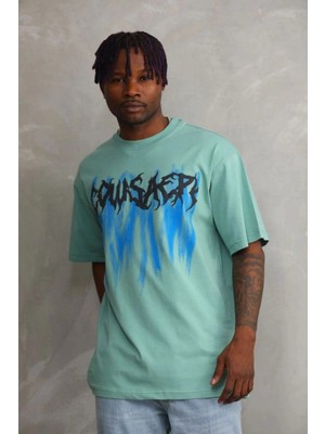 İlk El Grup Erkek Baskılı T-Shirt Kısa Kol Bisiklet Yaka Rahat Kalıp Tişört - Mint Yeşili