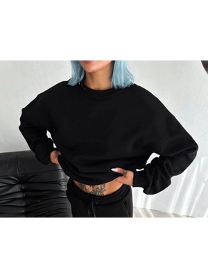 İlk El Grup Kadın Bisiklet Yaka 3 Iplik Pamuklu Basic Sweatshirt - Siyah