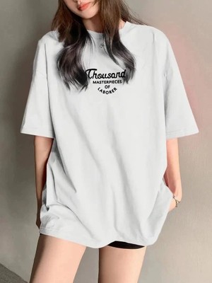 İlk El Grup Kadın Baskılı Tişört Bisiklet Yaka Yazlık Kısa Kol Oversize T-Shirt - Beyaz