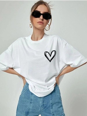 İlk El Grup Kadın Tişört Bisiklet Yaka Baskılı Oversize T-Shirt - Beyaz