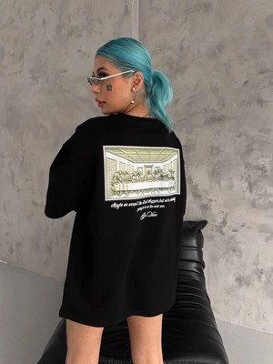 İlk El Grup Kadın Baskılı T-Shirt Kısa Kol Bisiklet Yaka Oversize Rahat Kalıp Günlük Tişört - Siyah