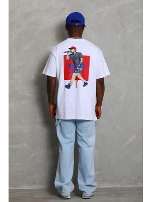 İlk El Grup Erkek Baskılı Tişört Kısa Kol Bisiklet Yaka Oversize T-Shirt - Beyaz