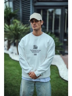İlk El Grup Erkek 3 Iplik Pamuklu Bisiklet Yaka Ön ve Arka Baskılı Sweatshirt - Beyaz
