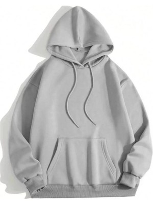 İlk El Grup Kadın Kapüşonlu Kanguru Cepli 3 Iplik Pamuklu Düz Hoodie Sweatshirt - Gri