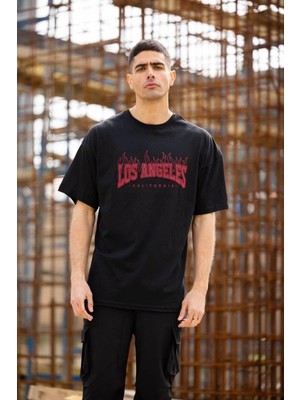 İlk El Grup Erkek Kısa Kol Tişört Bisiklet Yaka Los Angeles  Baskılı T-Shirt - Siyah