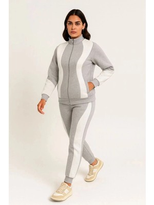 İlk El Grup Kadın Premium Parçalı Eşofman Alt-Üst Takım - Dik Yaka Fermuarlı Sweatshirt - Gri
