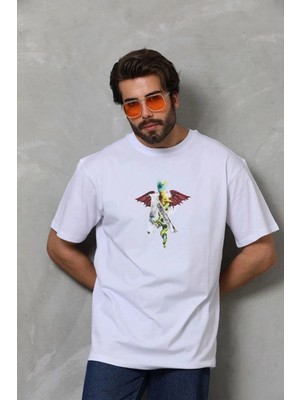 İlk El Grup Erkek Baskılı T-Shirt Kısa Kol Bisiklet Yaka Regular Fit Rahat Kalıp Tişört -  Beyaz