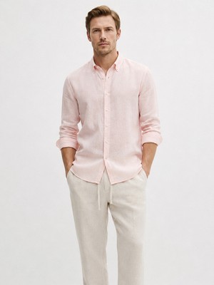 Xint Erkek Pembe %100 Keten Regular Fit Gömlek