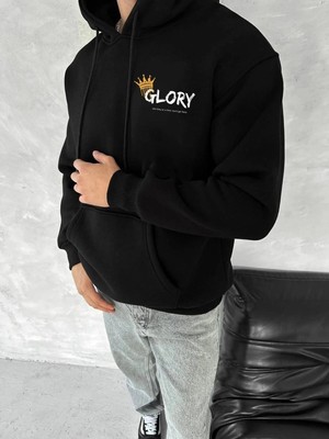 İlk El Grup Erkek Kapüşonlu Kanguru Cepli Sweatshirt 3 Iplik Pamuklu Baskılı Hoodie - Siyah