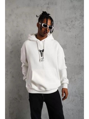 İlk El Grup Berkek 3 Iplik Pamuklu Kapüşonlu Baskılı Cepli Oversize Sweatshirt Hoodie - Eyaz