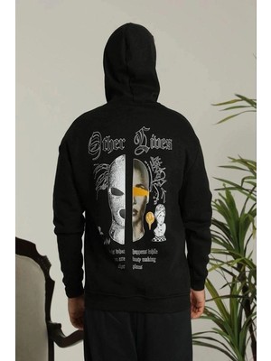 İlk El Grup Erkek 3 Iplik Pamuklu Kapüşonlu Baskılı Cepli Oversize Sweatshirt Hoodie - Siyah