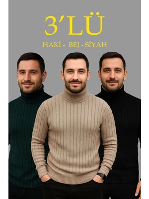 İlk El Grup Erkek Fitilli Kazak Tam Boğazlı Balıkçı Yaka Triko 3'lü Set  Bej-Haki-Siyah