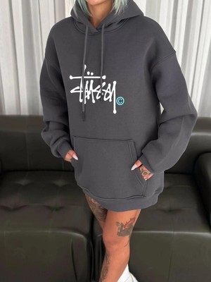 İlk El Grup Kadın Oversize Kapüşonlu Cepli Baskılı 3 Iplik Pamuklu Hoodie Sweatshirt - Füme