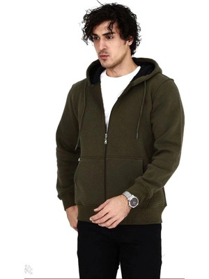 İlk El Grup Erkek 3 Iplik Pamuklu Kapüşonlu Tam Fermuarlı Cepli Hoodie Sweatshirt - Haki