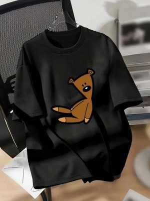 İlk El Grup Kadın Tişört Ayı Baskılı Bisiklet Yaka Yazlık Kısa Kol T-Shirt - Siyah