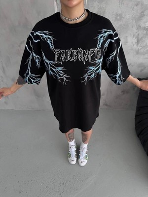 İlk El Grup Kadın Bisiklet Yaka Baskılı  Kısa Kol Oversize T-Shirt - Siyah
