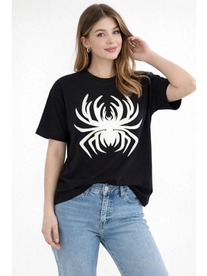 İlk El Grup Kadın Örümcek Baskılı Tişört Kısa Kollu Bisiklet Yaka T-Shirt - Siyah