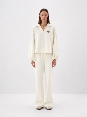 Kadın Ekru Pamuk Dokulu Oversize Sweatshirt
