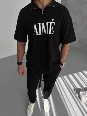 İlk El Grup Erkek Tişört Yakalı Yarım Fermuarlı  kısa Kol Baskılı T-Shirt - Siyah