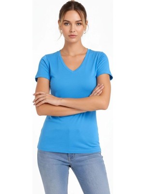 İlk El Grup Kadın T-Shirt V Yaka Slim Fit Likralı Tişört Yazlık Basic Body - Açık Mavi