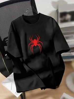 İlk El Grup Kadın Kısa Kol Yazlık Tişört Bisiklet Yaka Spider Baskılı T-Shirt - Siyah