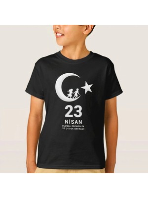 İlk El Grup Çocuk 23 Nisan Ulusal Egemenlik ve Çocuk Bayramı Baskılı Bisiklet Yaka T-Shirt - Siyah