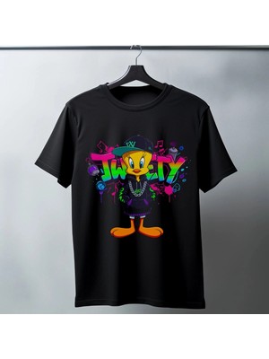 İlk El Grup Tweety Graffiti Baskılı Unisex Siyah Oversize Tişört - 24/1 Penye