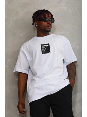 İlk El Grup Erkek Kısa Kol Yazlık Tişört Bisiklet Yaka Baskılı Oversize T-Shirt - Beyaz