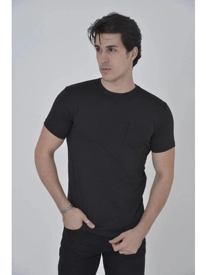 İlk El Grup Erkek File Çepli  T-Shirt Kısa Kol Bisiklet Yaka Slimfit Tişört - Siyah