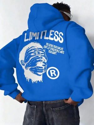 İlk El Grup Erkek Baskılı Kapüşonlu Cepli Hoodie 3 Iplik Pamuklu Sweatshirt - Saks Mavisi