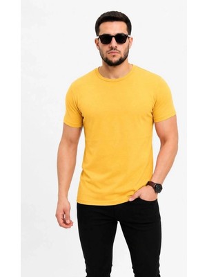 İlk El Grup Erkek Basic Tişört Bisiklet Yaka Kısa Kol Günlük Yazlık Slim Fit T-Shirt - Sarı
