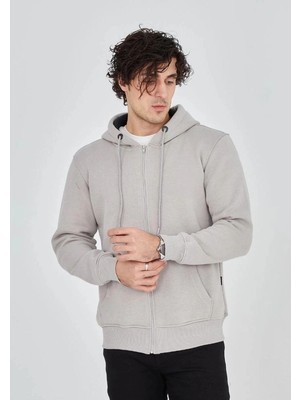 İlk El Grup Erkek 3 Iplik Pamuklu Kapüşonlu Tam Fermuarlı Cepli Hoodie Sweatshirt - Boyalı Gri