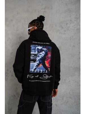 İlk El Grup Erkek 3 Iplik Pamuklu Kapüşonlu Baskılı Cepli Oversize Sweatshirt Hoodie - Siyah