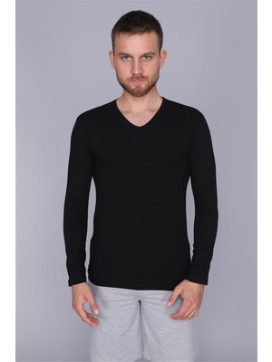 Obje Erkek Siyah Likralı Cotton V Yaka Uzun Kollu Fanila