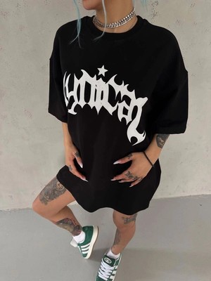 İlk El Grup Kadın Bisiklet Yaka Baskılı Oversize Kısa Kol  T-Shirt - Siyah