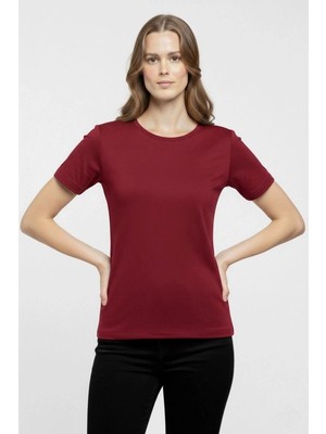 İlk El Grup Kadın T-Shirt Bisiklet Yaka Slim Fit Likralı Tişört Yazlık Basic Body - Bordo