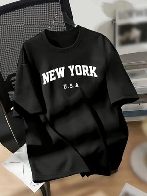 İlk El Grup Kadın New York Baskılı Tişört Kısa Kol Bisiklet Yaka T-Shirt - Siyah